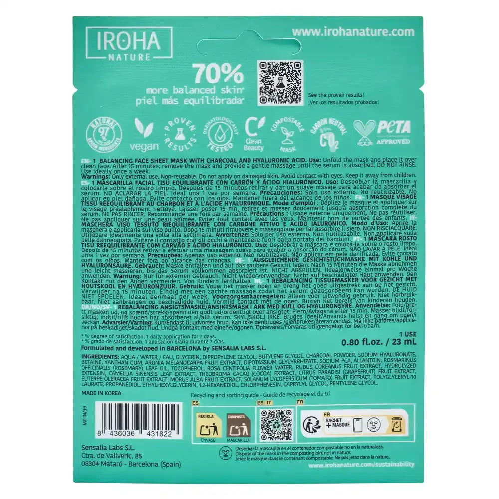 Iroha Nature Balancing Facial Tissue Mask - Charcoal , 23 ml