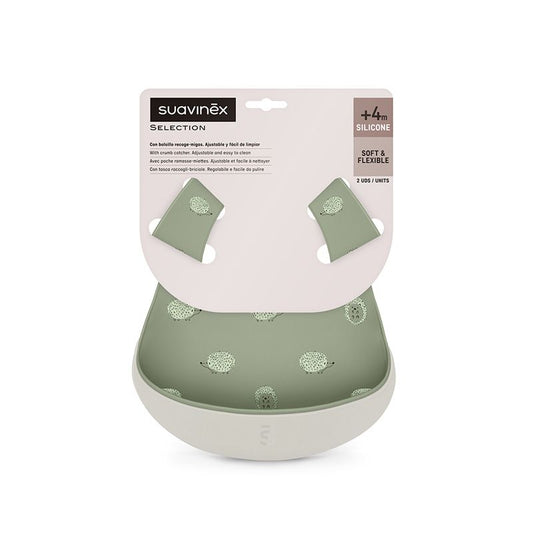 Suavinex Pack Of 2 Waterproof Flexible Silicone Bibs With Crumb Catcher Pocket, +4 Months, Green + Grey