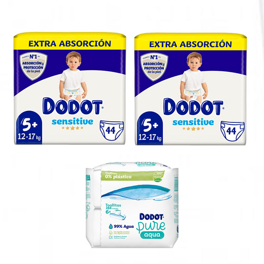Dodot Sensitive Extra-Jumbo Pack Size 5, 2 x 44 pcs + Pure Aqua Baby Wipes 288 pcs.