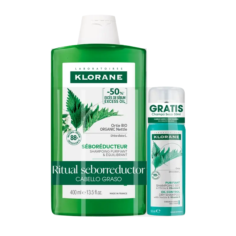 Klorane Pack Organic Nettle Sebum-regulating Shampoo 400 Ml + Nettle & Vitamin E Purifying Dry Shampoo 50 Ml