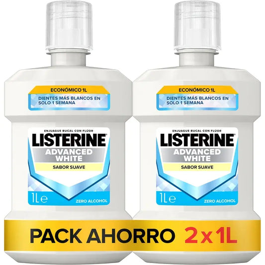 Listerine Mouthwash, Advanced White With Whitener, Mild Mint Flavour, Alcohol Free 2 X 1000ml Pack