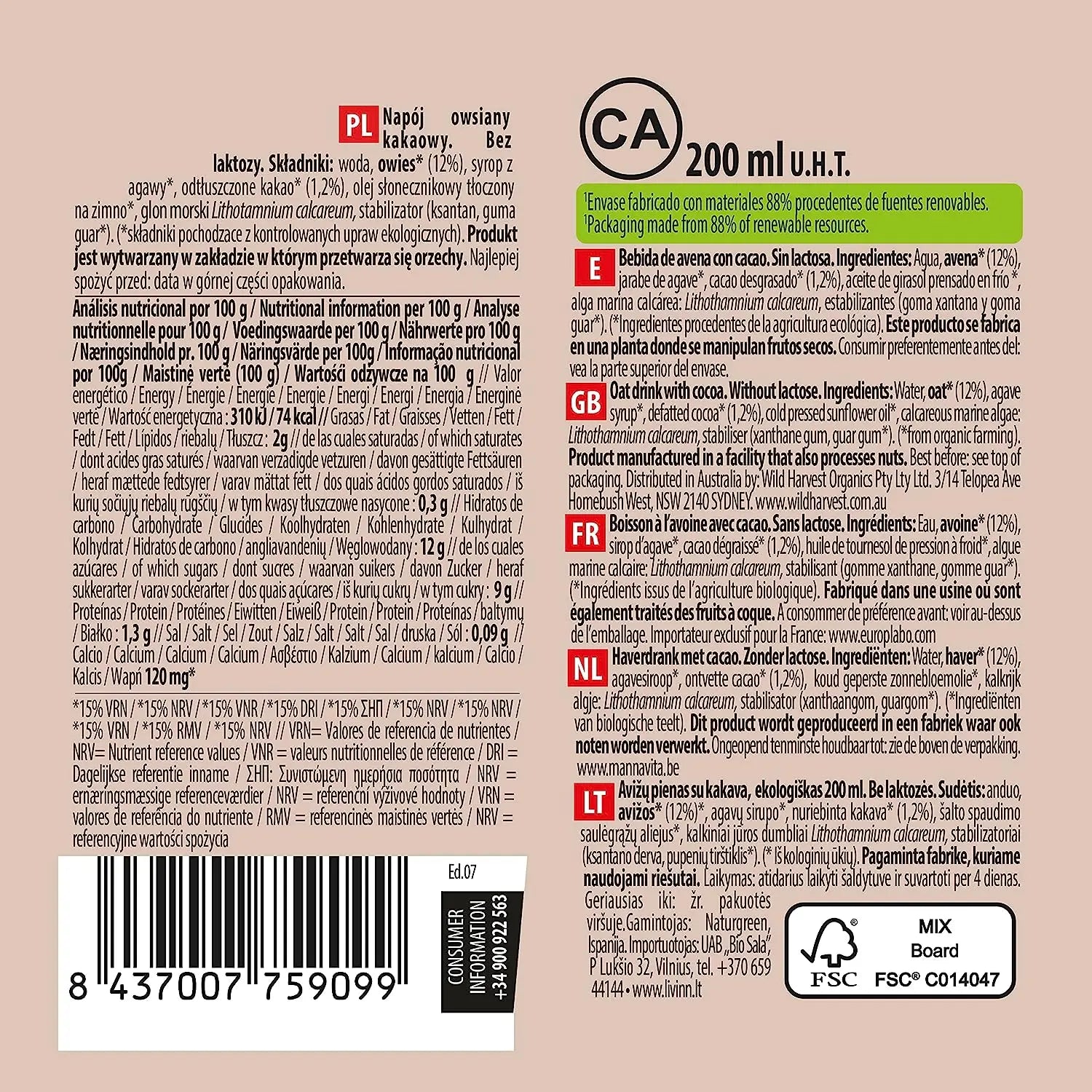 Naturgreen Oatmeal Chocolate Drink, 24 X 200Ml