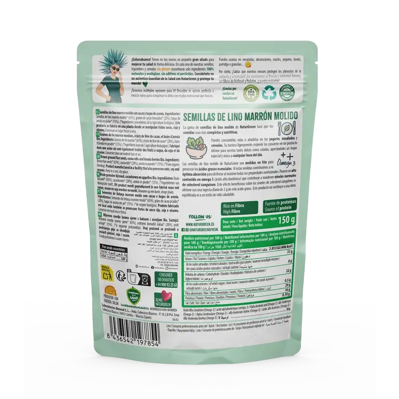 NaturGreen Flaxseeds, Cocoa Nibs & Aronia Bio 150 g