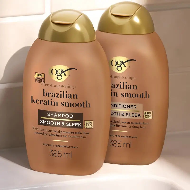 OGX Brazilian Keratin Shampoo, Smooth & Nourish, Wavy or Curly Hair, Smooth & Shiny, 385ml