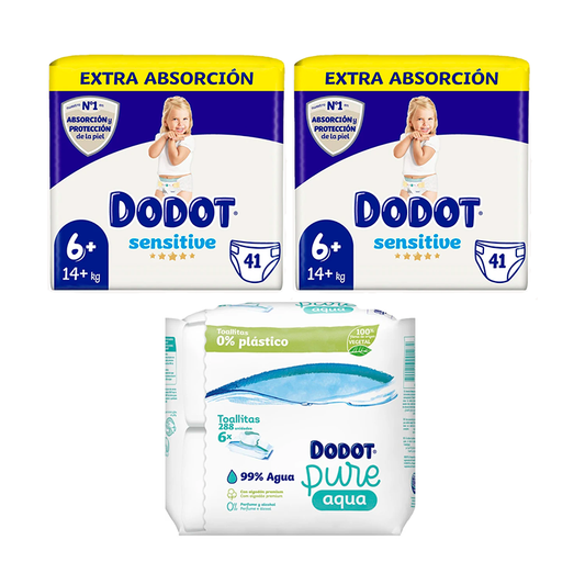 Dodot Sensitive Extra-Jumbo Pack Size 6, 2 x 41 pcs + Pure Aqua Baby Wipes 288 pcs.
