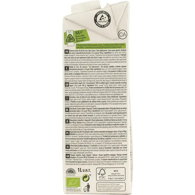 Ecomil Coconut Nature Bio, Pack 1 L x 12 pcs.