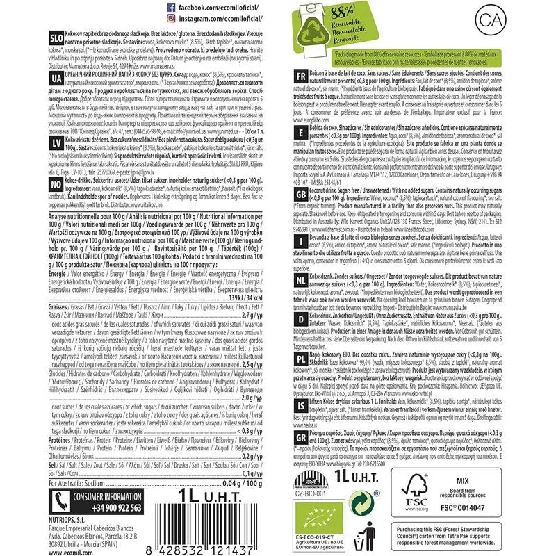 Ecomil Coconut Nature Bio, Pack 1 L x 12 pcs.