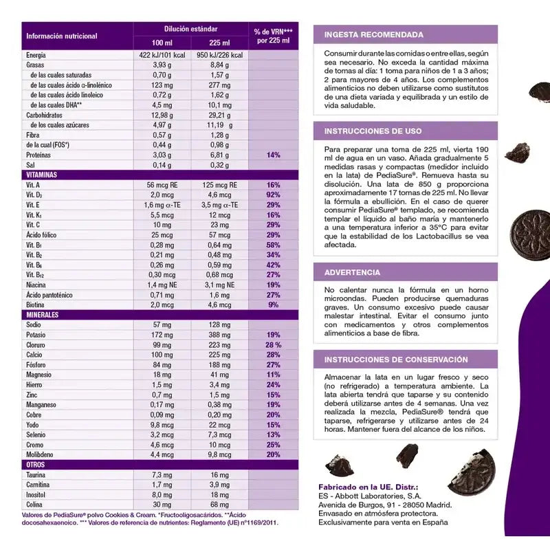 Pediasure Cookies & Cream + Drink Chocolate Children, 850 gr + 4 Bottles Chocolate x 220 ml