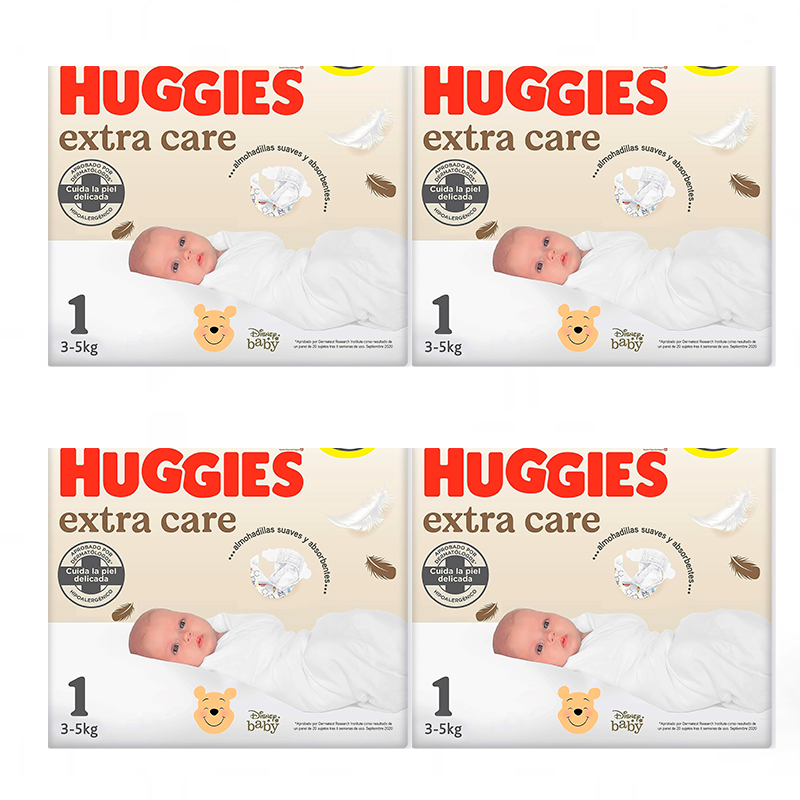 Pack 4 x Huggies Extra Care Newborn Baby Nappy Size 1 (3-5KG), 112 Pcs.