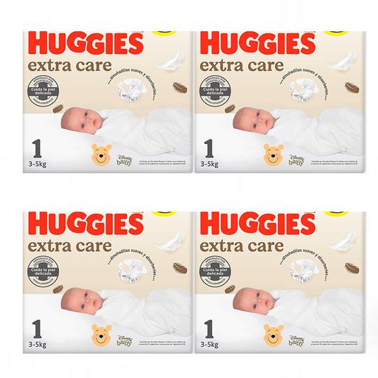 Pack 4 x Huggies Extra Care Newborn Baby Nappy Size 1 (3-5KG), 112 Pcs.