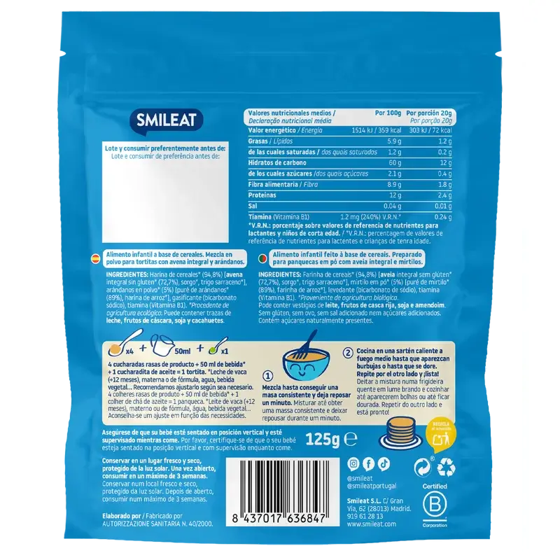 Smileat Mix Wholemeal Oat & Blueberry Pancakes , 125 gr ECO