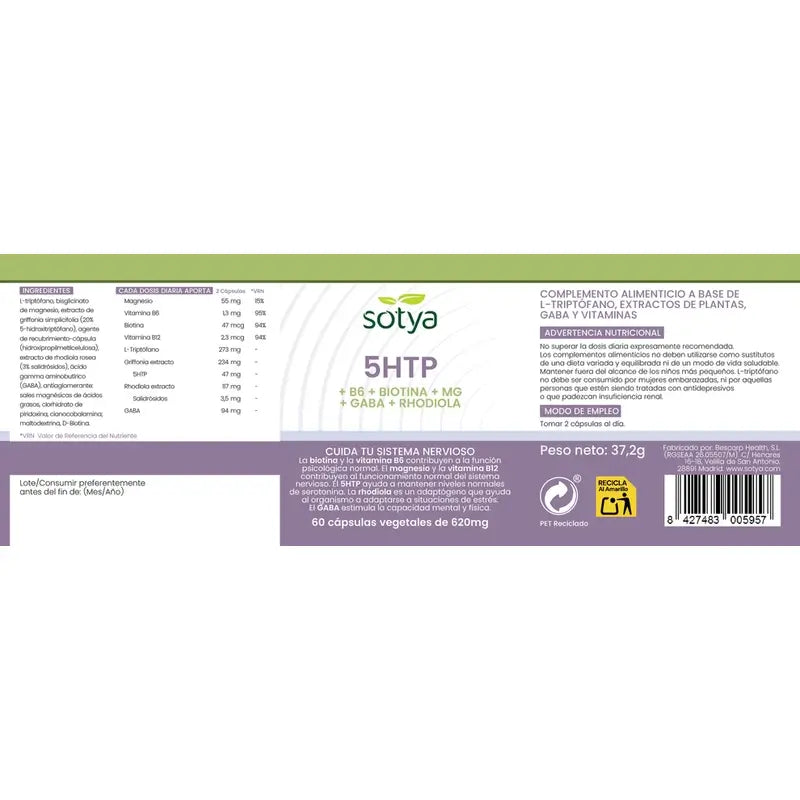 Sotya 5HTP+B6+Biotin+Mg+Gaba+Rhodiola 620mg, 60 Veggie Capsules