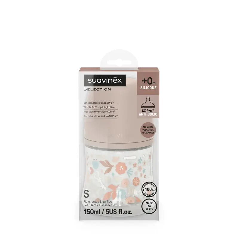Suavinex Baby Bottle 150 Ml, Slow Flow (S), +0 Months, Wonderland Flowers Pink