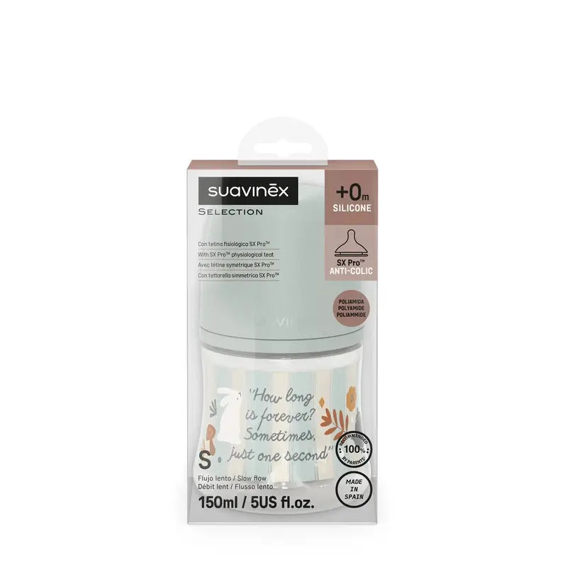 Suavinex Baby Bottle 150 Ml, Slow Flow (S), +0 Months, Wonderland Green
