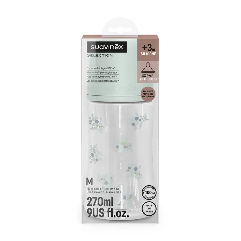 Suavinex Baby Bottle 270 Ml, Medium Flow (M), +3 Months, Poetry Blue
