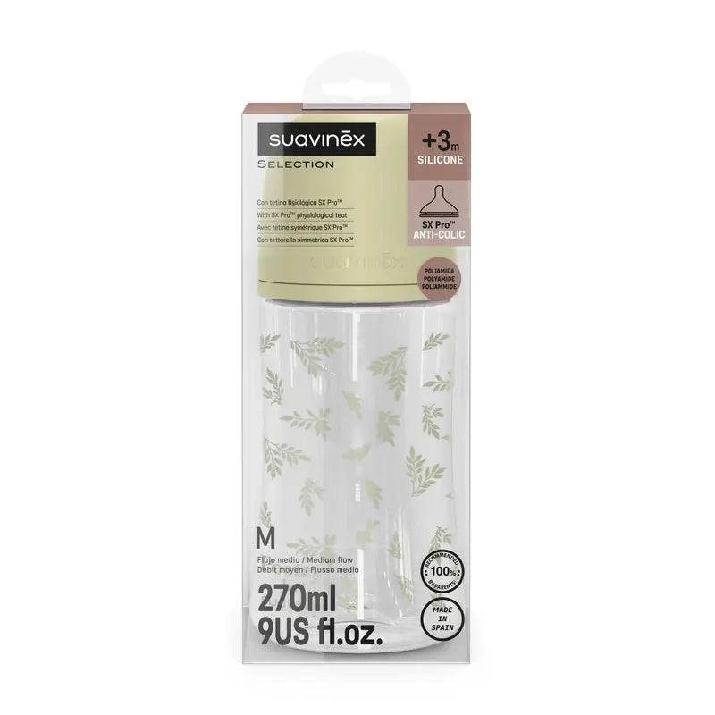 Suavinex Feeding Bottle 270 Ml, Medium Flow (M), +3 Months, Green Poetry
