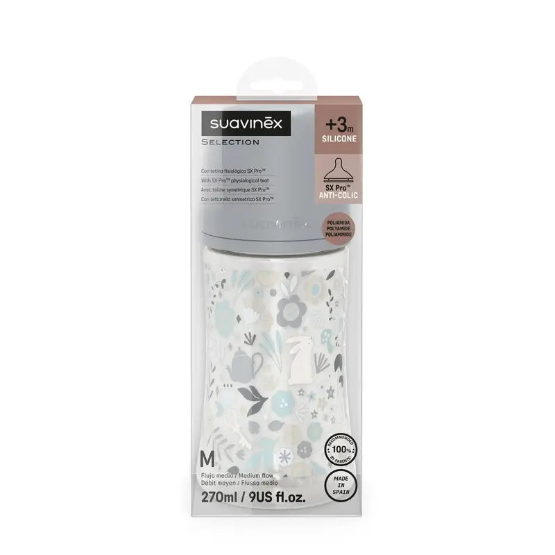 Suavinex Baby Bottle 270 Ml, Medium Flow (M), +3 Months, Wonderland Flowers Blue