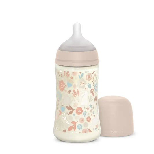 Suavinex Baby Bottle 270 Ml, Medium Flow (M), +3 Months, Wonderland Flowers Pink
