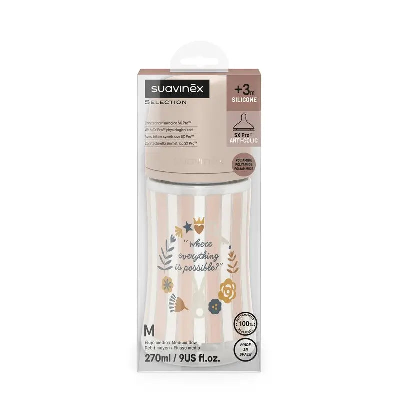 Suavinex Baby Bottle 270 Ml, Medium Flow (M), +3 Months, Wonderland Pink