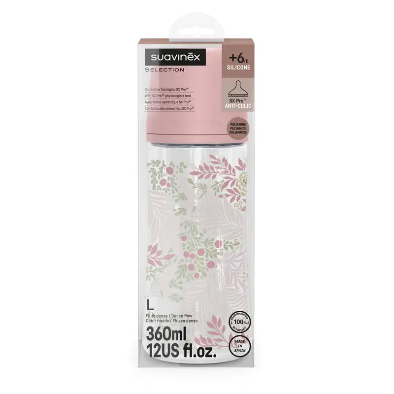 Suavinex Baby Bottle 360 Ml, Dense Flow (L), +6 Months, Poetry Pink