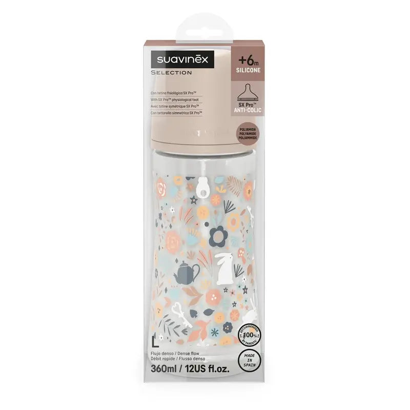 Suavinex Baby Bottle 360 Ml, Dense Flow (L), +6 Months, Wonderland Flowers Pink
