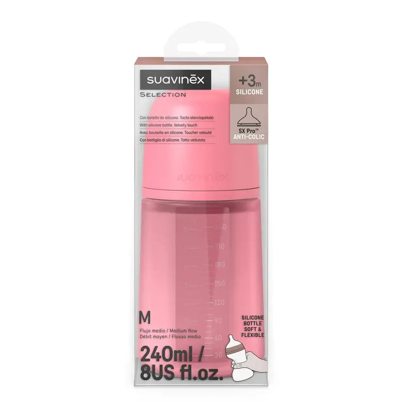 Suavinex Silicone Bottle 240 Ml, Medium Flow (M), +3 Months, Fuchsia