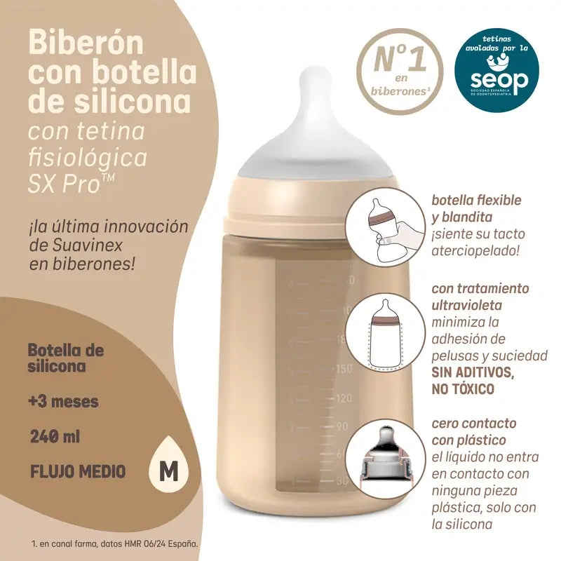 Suavinex Silicone Bottle 240 Ml, Medium Flow (M), +3 Months, Lime