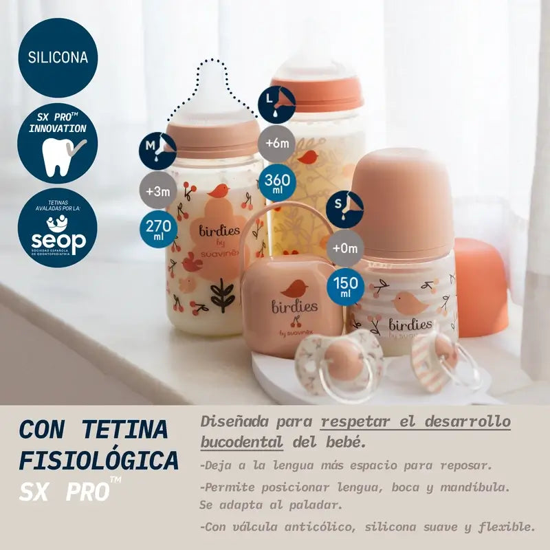 Suavinex Feeding Bottle Teat Sx Pro Dense Flow (L) +6 Months Birdies Pink, 360 ml