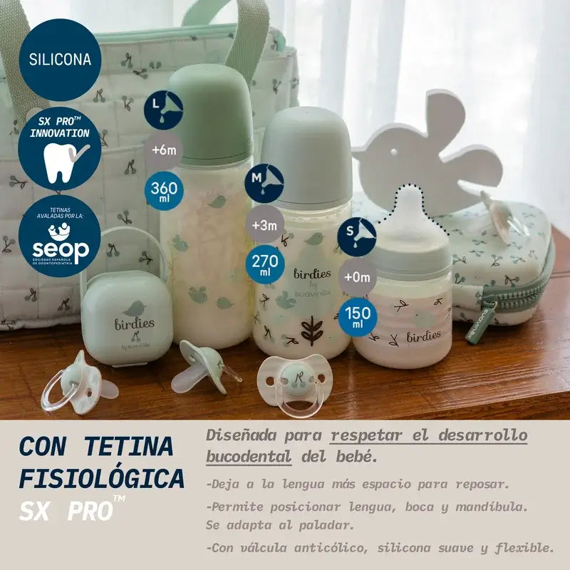 Suavinex Feeding Bottle Teat Sx Pro Slow Flow (S) +0 Months Birdies Green, 150 ml