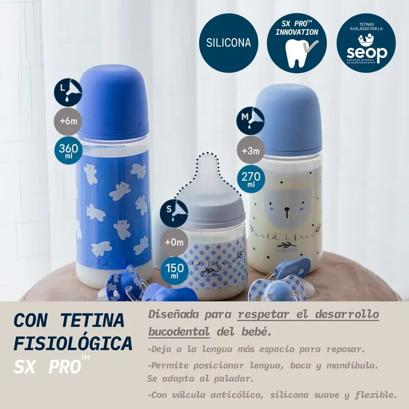 Suavinex Feeding Bottle Teat Sx Pro Slow Flow (S) +0 Months Wild&Free Blue, 150 ml