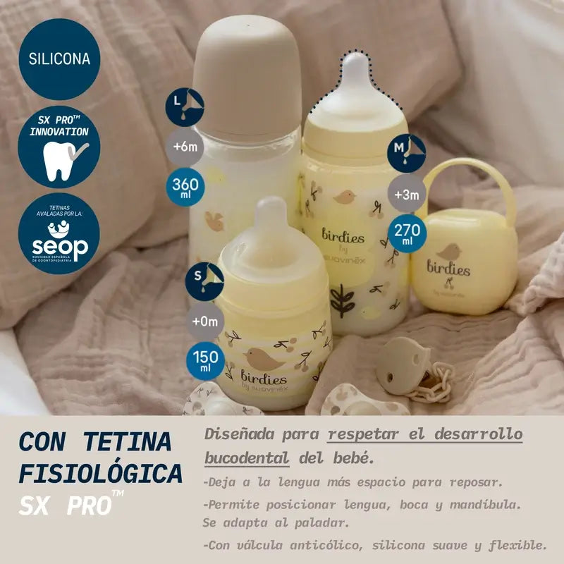 Suavinex Baby Bottle Teat Sx Pro Medium Flow (M) +3 Months Birdies Beige, 270 ml