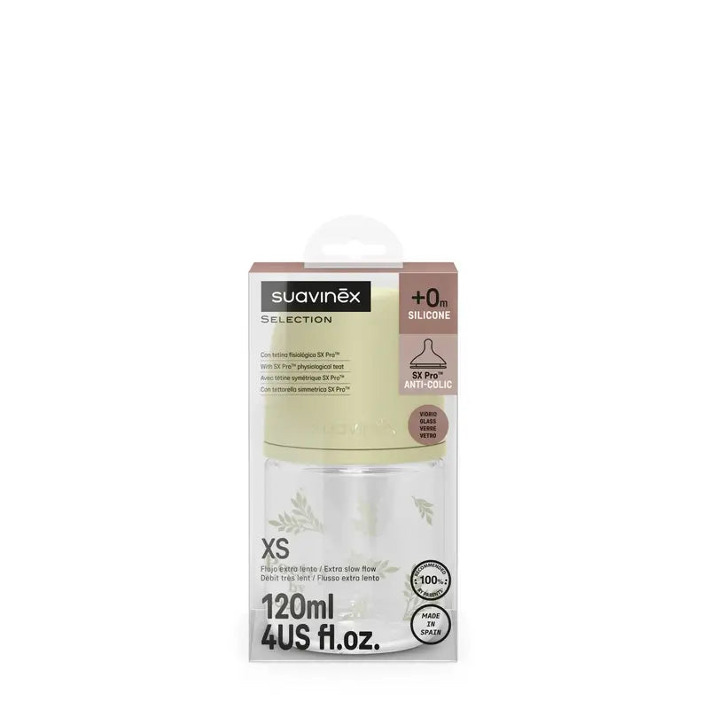 Suavinex Glass Bottle 120 Ml, Slow Flow (S), +0 Months, Green Poetry