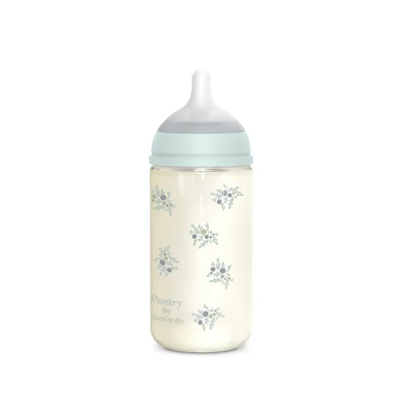 Suavinex Baby Bottle Glass 240 Ml, Medium Flow (M), +3 Months, Blue Poetry