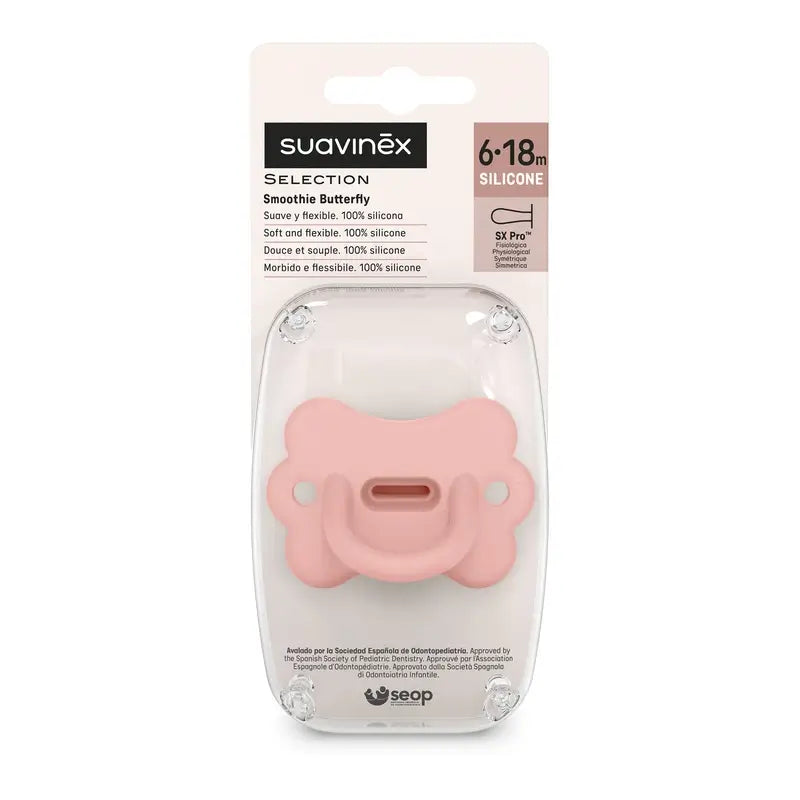 Suavinex Pacifier All Silicone Pacifier Sx Pro, 6/18 Months, Butterfly Peach Pink