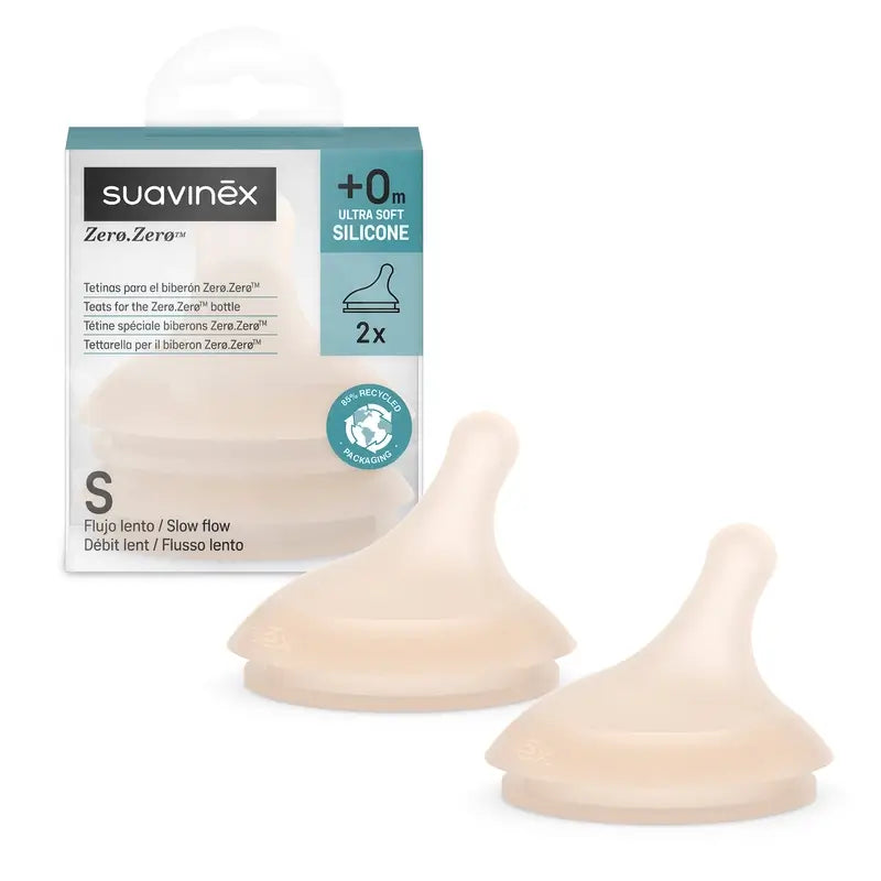 Suavinex Pack 2 Teats Zero Zero Slow Flow (S), +0 Months, Light