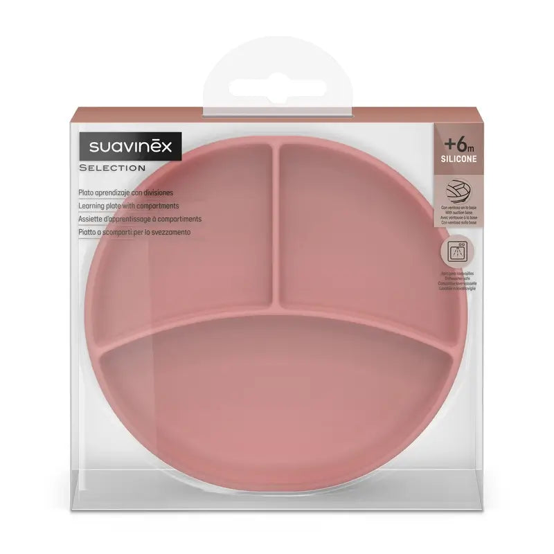 Suavinex Silicone Plate With Suction Cup And Divisions, +6 Months, Pink