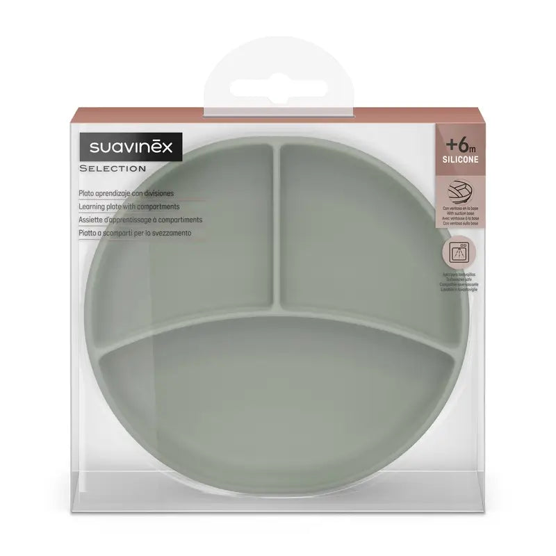 Suavinex Silicone Plate With Suction Cup And Divisions, +6 Months, Green