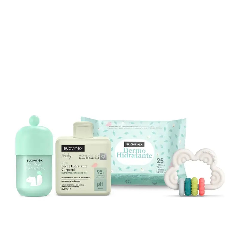 Suavinex Baby Gift Baby Milk 300 Ml + Baby Cologne Memories 100 Ml + Wipes + Teether, Blue