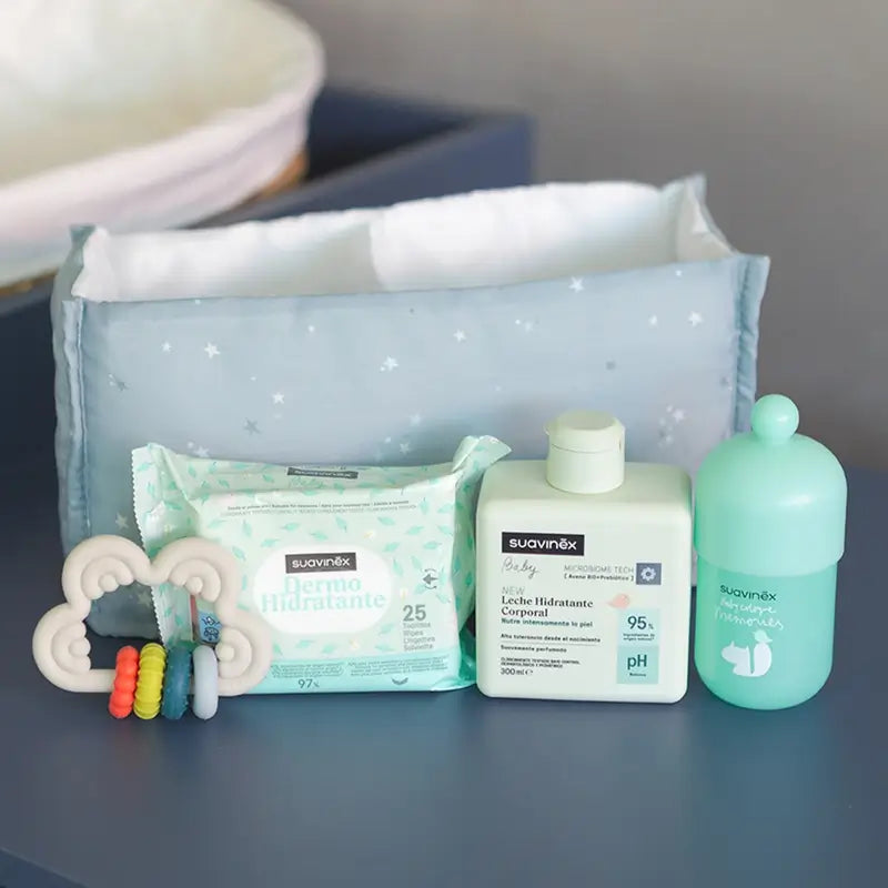 Suavinex Baby Gift Baby Milk 300 Ml + Baby Cologne Memories 100 Ml + Wipes + Teether, Blue