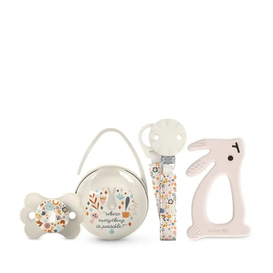 Suavinex Newborn Gift Newborn Soother + Pacifier + Pacifier Holder + Teether. Wonderland, Beige