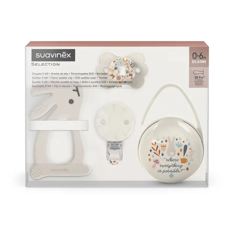 Suavinex Newborn Gift Newborn Soother + Pacifier + Pacifier Holder + Teether. Wonderland, Beige