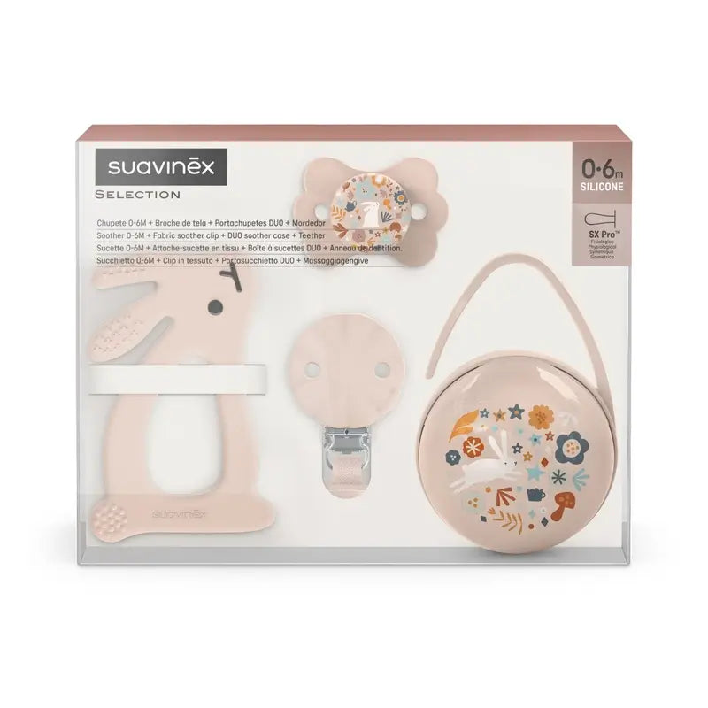 Suavinex Newborn Gift Newborn Soother + Pacifier + Pacifier Holder + Teether + Teether.Wonderland, Pink