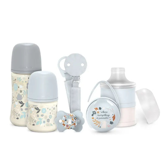 Suavinex Newborn Gift Set: Bottles + Soother + Dispenser + Pacifier + Soother Holder + Pacifier Holder, Wonderland Blue