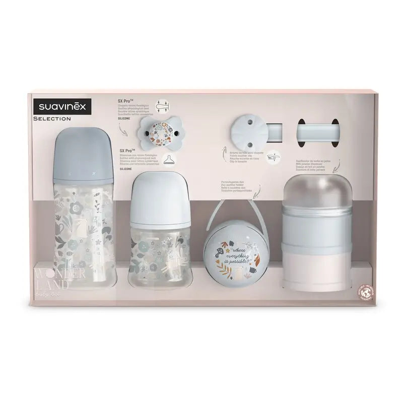 Suavinex Newborn Gift Set: Bottles + Soother + Dispenser + Pacifier + Soother Holder + Pacifier Holder, Wonderland Blue