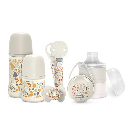 Suavinex Newborn Gift Set: Bottles + Soother + Dispenser + Pacifier + Soother Holder + Pacifier Holder, Wonderland Beige
