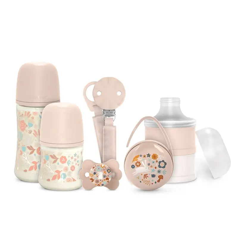 Suavinex Newborn Gift Set: Bottles + Soother + Dispenser + Dummy Holder + Pacifier + Pacifier Holder, Wonderland Pink