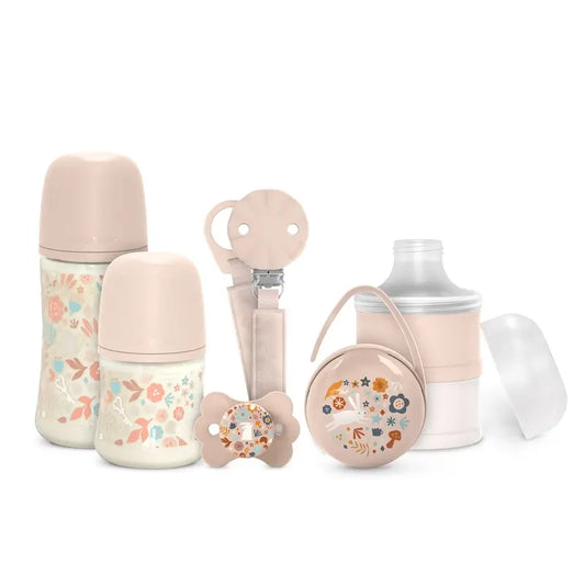 Suavinex Newborn Gift Set: Bottles + Soother + Dispenser + Dummy Holder + Pacifier + Pacifier Holder, Wonderland Pink