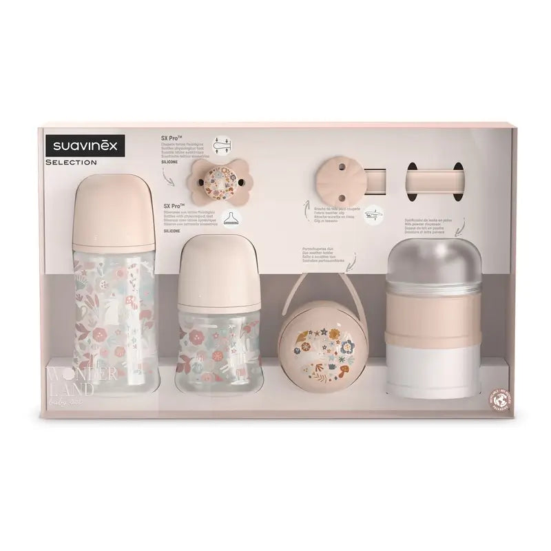 Suavinex Newborn Gift Set: Bottles + Soother + Dispenser + Dummy Holder + Pacifier + Pacifier Holder, Wonderland Pink