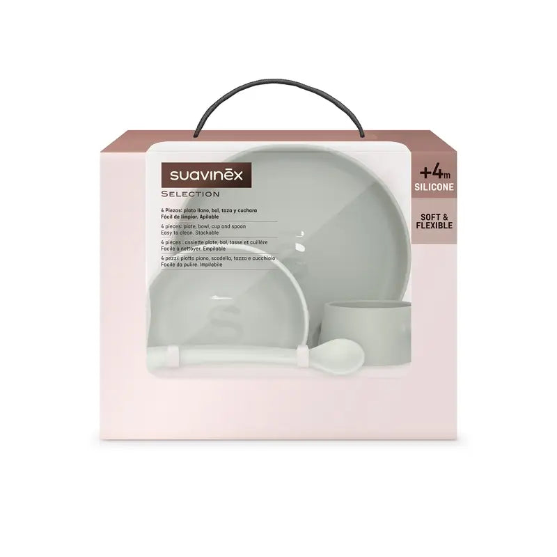 Suavinex Silicone Tableware 4 Pieces With Suction Cup, +4 Months, Green
