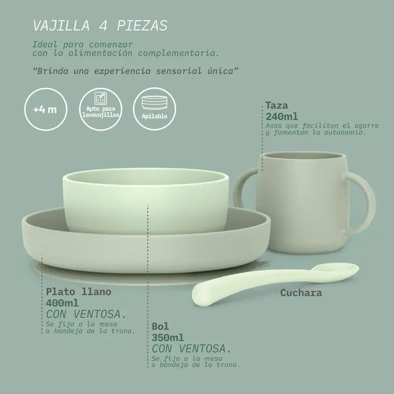 Suavinex Silicone Tableware 4 Pieces With Suction Cup, +4 Months, Green